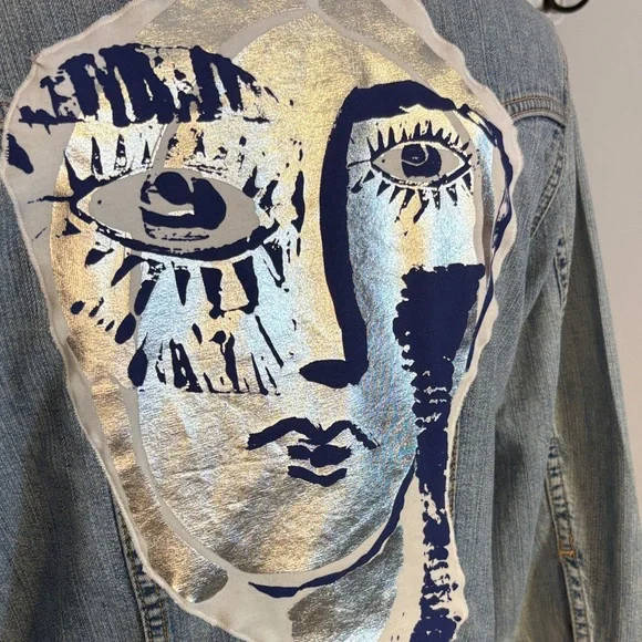 Refashioned Post Modern Artistic Face Denim Jacket - Picture 2 of 7